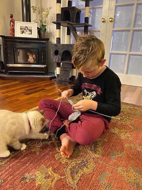 Young lad learns how to knit with cat at his feet.